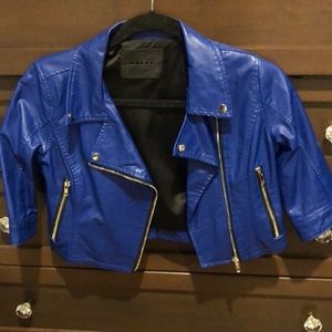 Royal blue vegan leather cropped jacket w/zippers